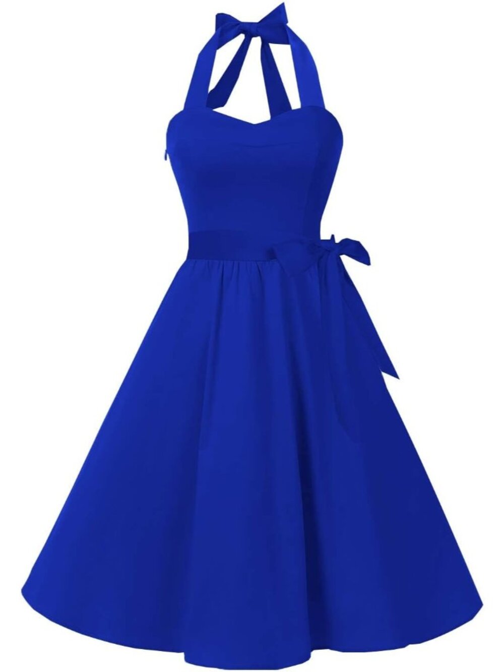Women's Royal Blue Halter Neck Vintage Polka Audrey Retro Cocktail Dress